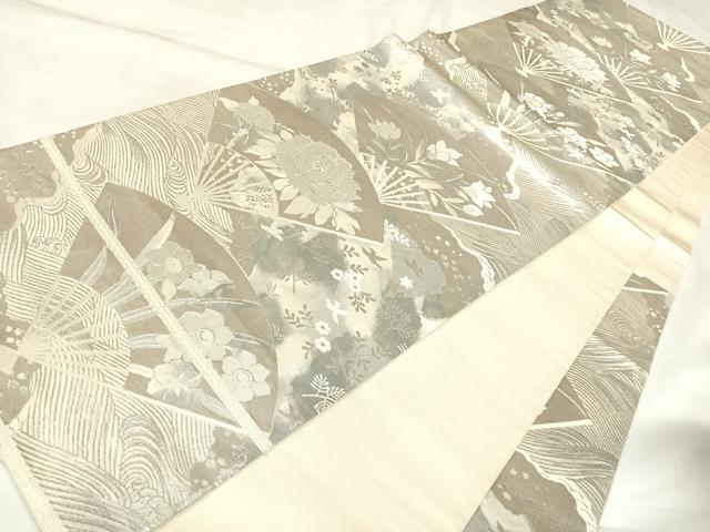 平和屋着物◎西陣 服部織物謹製 六通柄袋帯 こはく錦 扇面草花文 二重箔織 銀糸 正絹 逸品 AABK5184yx
