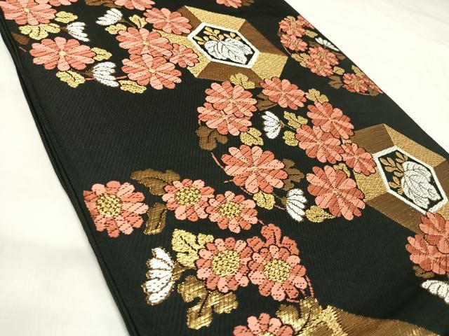 平和屋着物◎六通柄 本袋帯 唐織 花丸文 黒地 金糸 AABK5189yx