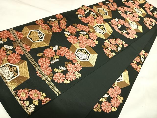 平和屋着物◎六通柄 本袋帯 唐織 花丸文 黒地 金糸 AABK5189yx