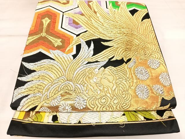 平和屋着物◎六通柄袋帯 唐獅子 黒地 金銀糸 正絹 逸品 AABK5190yx