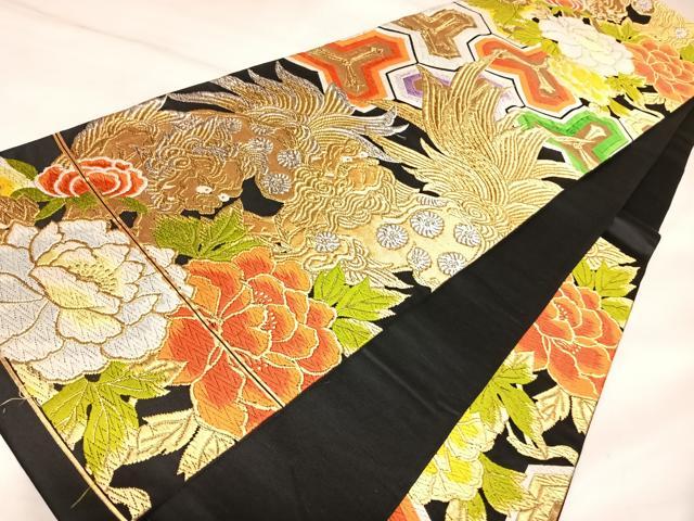 平和屋着物◎六通柄袋帯 唐獅子 黒地 金銀糸 正絹 逸品 AABK5190yx