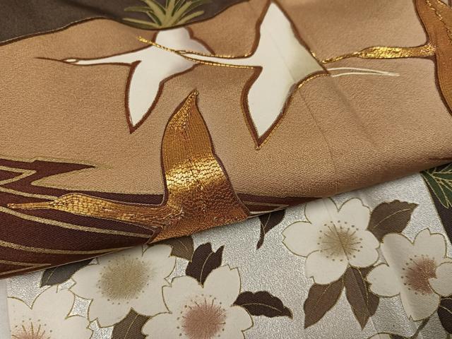 平和屋着物●豪華色留袖 駒刺繍 群鶴葡萄花屛風 金彩 正絹 逸品 AABK5266ph