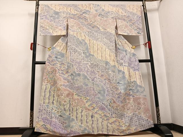 平和屋着物●訪問着 吉祥花文 鬼しぼ縮緬 正絹 逸品 AABK5281ph