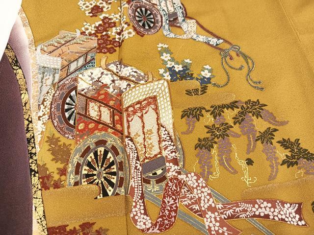 平和屋着物●豪華振袖 駒刺繍 御所車花文 金彩 正絹 逸品 AABK5291ph