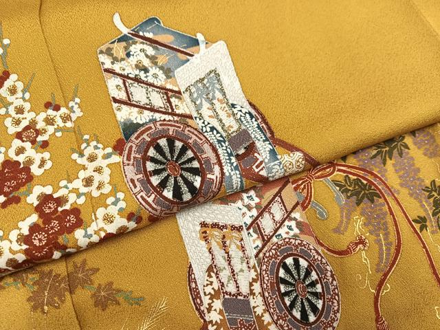 平和屋着物●豪華振袖 駒刺繍 御所車花文 金彩 正絹 逸品 AABK5291ph