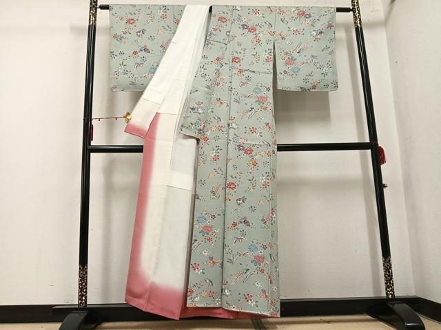平和屋着物●上質な小紋 型染め 飛鶴草花文 正絹 逸品 AABK5307ph