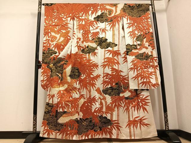 平和屋着物●豪華振袖 駒刺繍 飛鶴風景草花文 金彩 金通し地 正絹 逸品 AABK5311ph