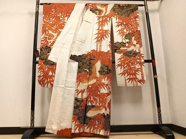 平和屋着物●豪華振袖 駒刺繍 飛鶴風景草花文 金彩 金通し地 正絹 逸品 AABK5311ph