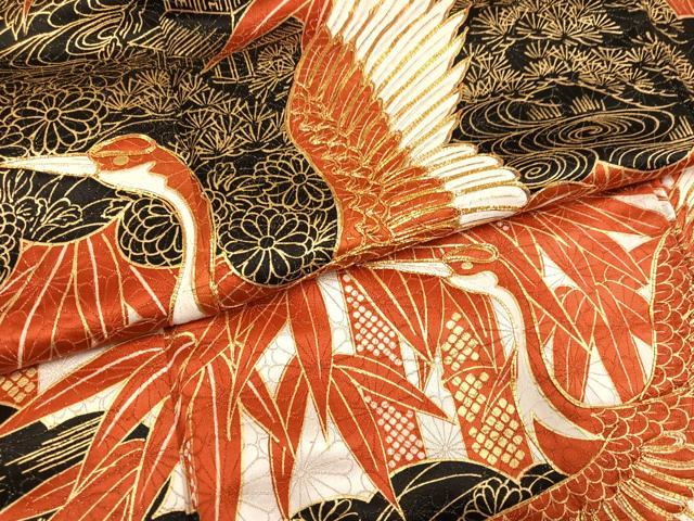 平和屋着物●豪華振袖 駒刺繍 飛鶴風景草花文 金彩 金通し地 正絹 逸品 AABK5311ph