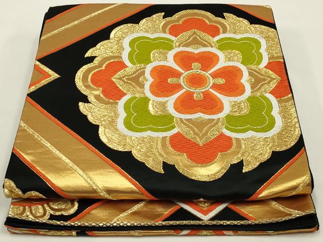 平和屋着物◎六通柄袋帯 唐織 花菱文 黒地 金糸 正絹 逸品 AABK5366ou