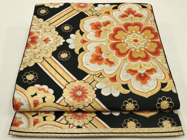 平和屋着物◎六通柄袋帯 唐織 正倉院花文 黒地 金糸 正絹 逸品 AABK5367ou