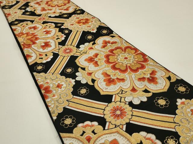 平和屋着物◎六通柄袋帯 唐織 正倉院花文 黒地 金糸 正絹 逸品 AABK5367ou