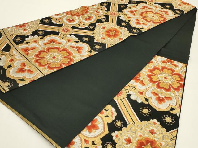 平和屋着物◎六通柄袋帯 唐織 正倉院花文 黒地 金糸 正絹 逸品 AABK5367ou