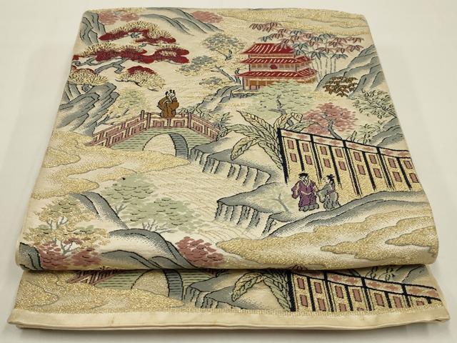 平和屋着物◎六通柄袋帯 唐織 人物風景文 金糸 正絹 逸品 AABK5372ou