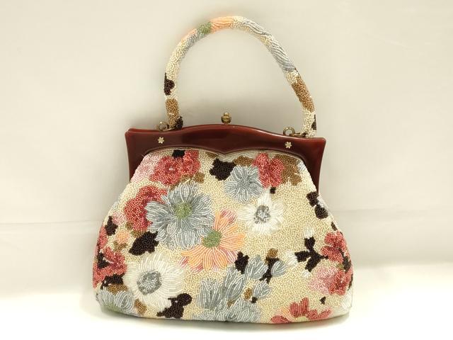 平和屋着物●和装小物 和装バッグ ハンドバッグ ビーズバッグ 花柄 逸品 AABK5499ay