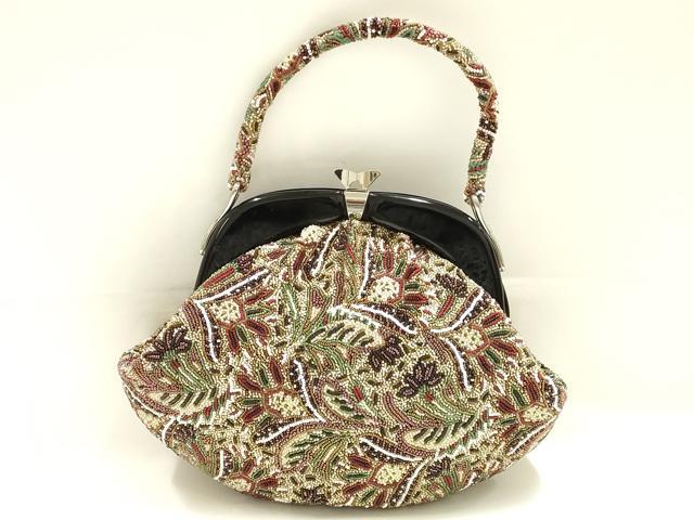 平和屋着物●和装小物 和装バッグ ハンドバッグ ビーズバッグ 本刺繍 更紗花文 逸品 未使用 AABK5511ay