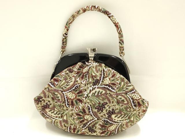 平和屋着物●和装小物 和装バッグ ハンドバッグ ビーズバッグ 本刺繍 更紗花文 逸品 未使用 AABK5511ay