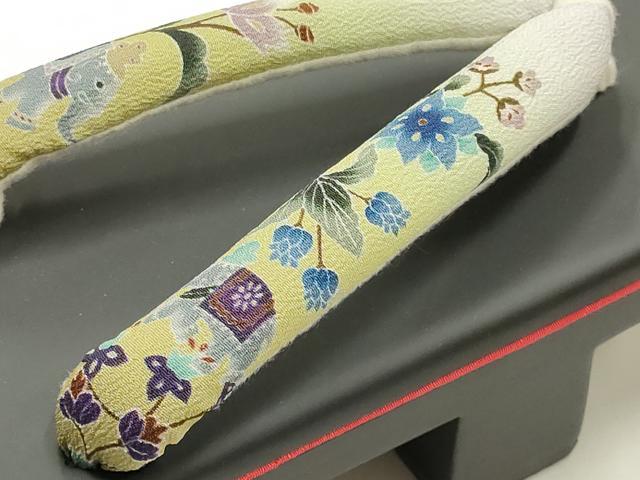 平和屋着物●岡重謹製 OKAJIMA 和装小物 下駄 桐下駄 二枚歯 黒 友禅柄鼻緒 象更紗 浴衣 共箱付き 逸品 未使用 AABK5558ay