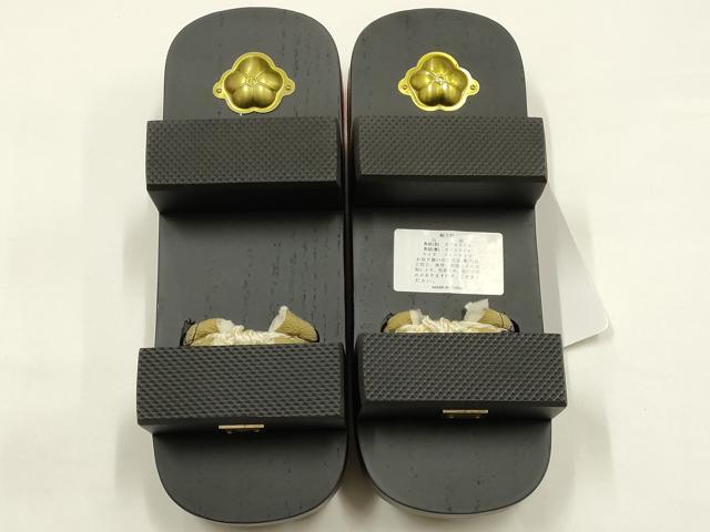 平和屋着物●岡重謹製 OKAJIMA 和装小物 下駄 桐下駄 二枚歯 黒 友禅柄鼻緒 象更紗 浴衣 共箱付き 逸品 未使用 AABK5558ay
