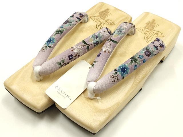 平和屋着物●岡重謹製 OKAJIMA 和装小物 下駄 桐下駄 白木 友禅柄鼻緒 象更紗 浴衣 夏着物 共箱付き 逸品 未使用 AABK5559ay