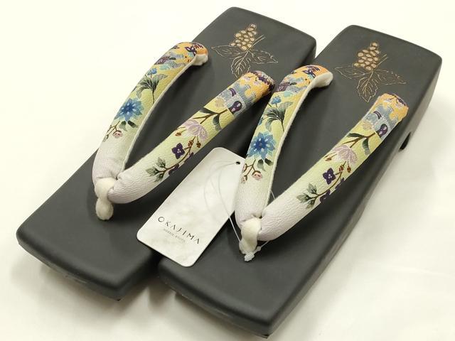 平和屋着物●岡重謹製 OKAJIMA 和装小物 下駄 桐下駄 黒 友禅柄鼻緒 象更紗 浴衣 夏着物 共箱付き 逸品 未使用 AABK5560ay