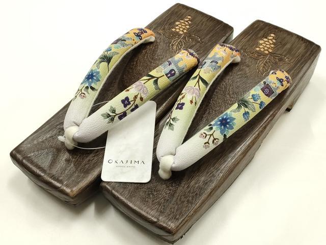 平和屋着物●岡重謹製 OKAJIMA 和装小物 下駄 桐下駄 茶 友禅柄鼻緒 象更紗 浴衣 夏着物 共箱付き 逸品 未使用 AABK5562ay