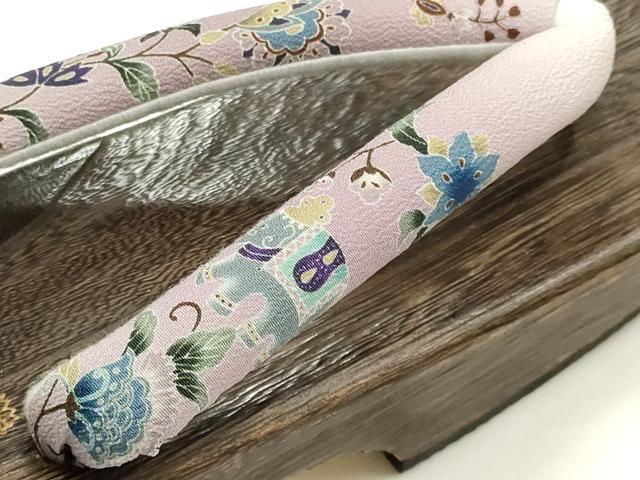 平和屋着物●岡重謹製 OKAJIMA 和装小物 下駄 桐下駄 茶 友禅柄鼻緒 象更紗 浴衣 夏着物 共箱付き 逸品 未使用 AABK5563ay