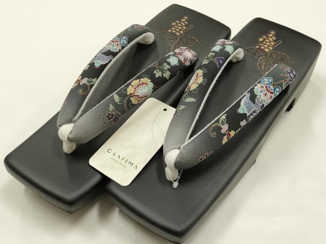 平和屋着物●岡重謹製 OKAJIMA 和装小物 下駄 桐下駄 黒 友禅柄鼻緒 象更紗 浴衣 夏着物 共箱付き 逸品 未使用 AABK5564ay