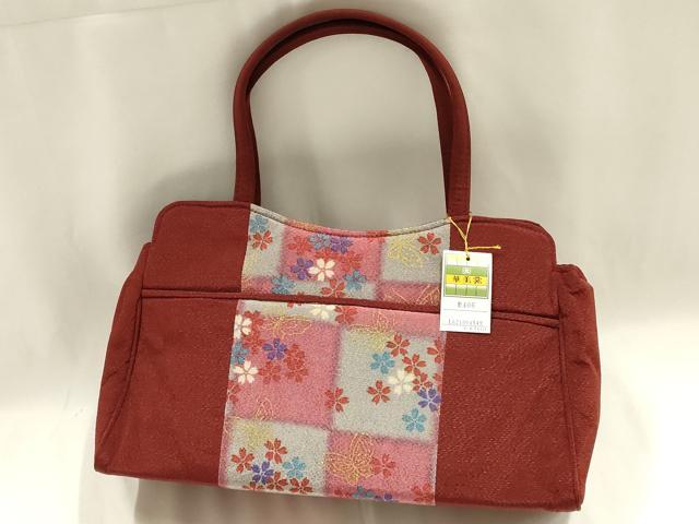 平和屋着物▼和装小物 和装バッグ ハンドバッグ 舞蝶花文 市松 金彩 華美裳 逸品 未使用 AABK5576ay