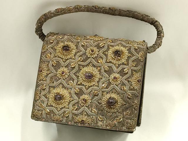 平和屋着物●和装小物 和装バッグ ハンドバッグ インド ザリ刺繍 アメジスト 天然石 逸品 AABK5581ay