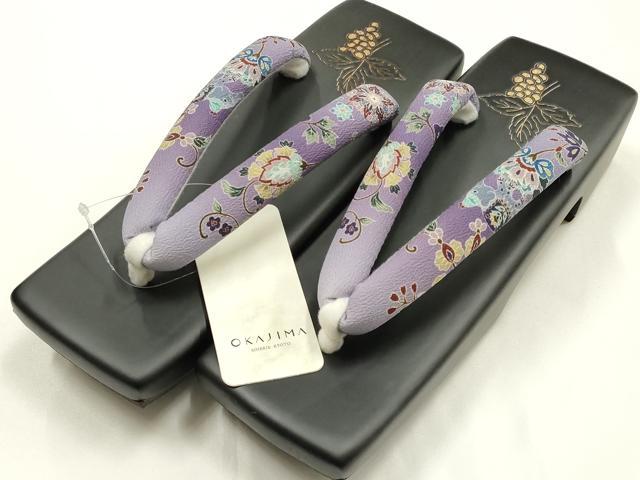 平和屋着物●岡重謹製 OKAJIMA 和装小物 下駄 桐下駄 黒 友禅柄鼻緒 象更紗 浴衣 夏着物 共箱付き 逸品 未使用 AABK5586ay