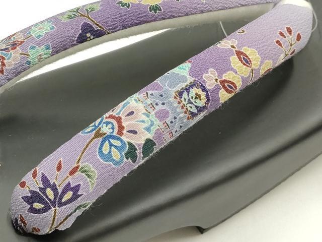 平和屋着物●岡重謹製 OKAJIMA 和装小物 下駄 桐下駄 黒 友禅柄鼻緒 象更紗 浴衣 夏着物 共箱付き 逸品 未使用 AABK5586ay