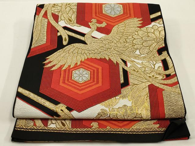 平和屋着物◎六通柄袋帯 唐織 鳳凰亀甲花文 黒地 金糸 正絹 逸品 AABK5609ou