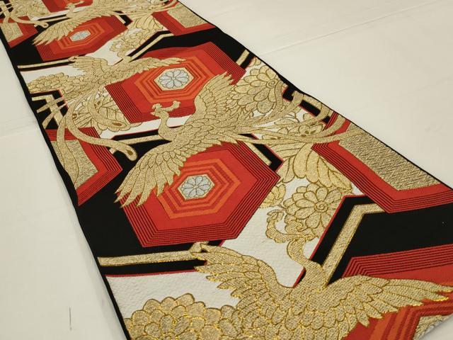平和屋着物◎六通柄袋帯 唐織 鳳凰亀甲花文 黒地 金糸 正絹 逸品 AABK5609ou