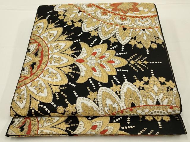 平和屋着物◎六通柄袋帯 唐織 正倉院花文 黒地 金糸 正絹 逸品 AABK5610ou