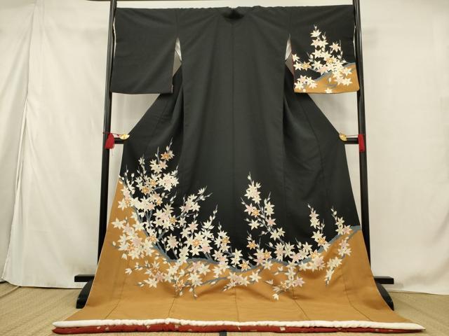 平和屋本店●お引きずり・お引き摺り 訪問着 和装 舞台 舞妓 芸妓 芸者 衣装 枝花文 黒地 金彩 逸品 AABK5620ou