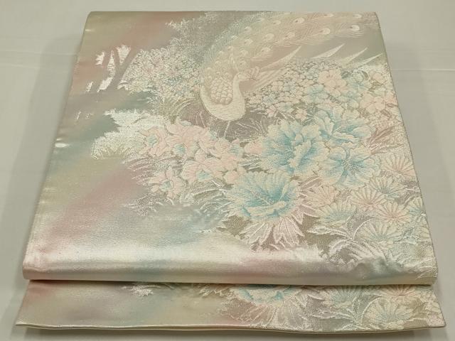 平和屋着物◎六通柄袋帯 唐織 孔雀草花文 銀糸 正絹 逸品 AABK5628ou