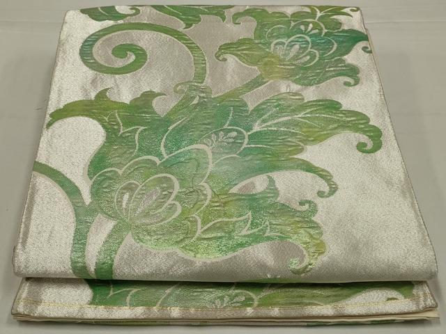 平和屋着物◎六通柄袋帯 花唐草文 銀糸 正絹 逸品 AABK5640ou
