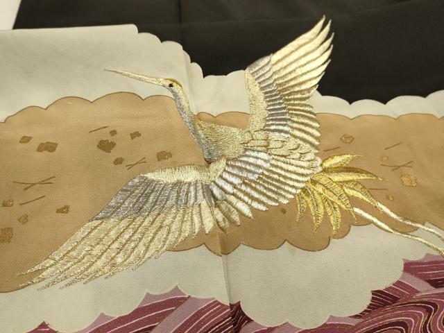 平和屋着物■豪華黒留袖 刺繍 立波飛鶴文 金銀糸 金彩 正絹 逸品 AABK5704sx