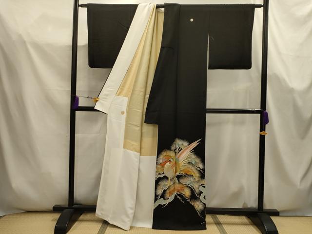 平和屋着物■豪華黒留袖 総刺繍 雉松文 金銀糸 正絹 逸品 AABK5705sx