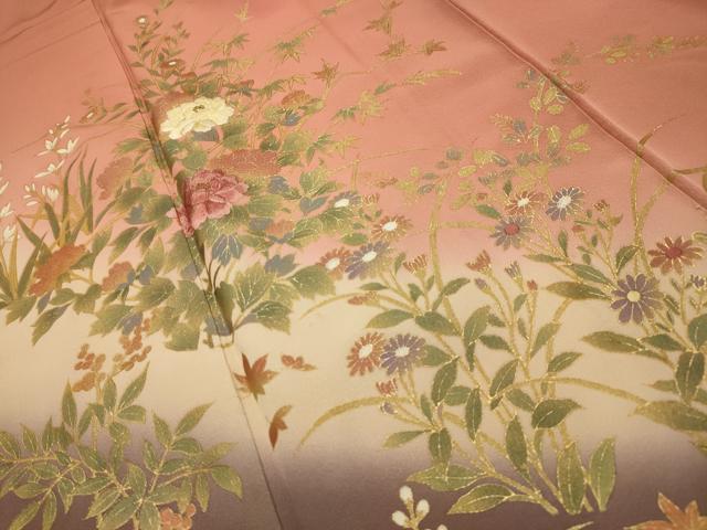 平和屋着物■訪問着 刺繍 草花文 暈し染め 金糸 金彩 正絹 逸品 AABK5719sx