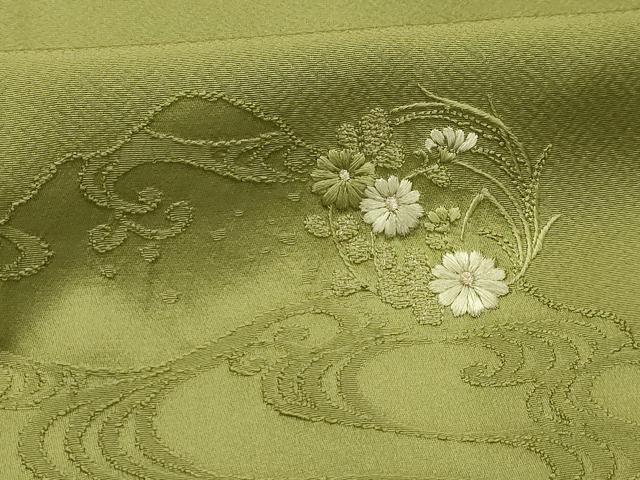 平和屋着物■豪華色留袖 刺繍 寿光織 流水花地紋 柳茶色 金糸 正絹 逸品 AABK5769sx