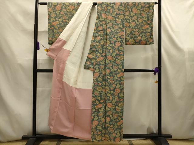 平和屋着物■上質な小紋 紬地 更紗花文 暈し染め 正絹 逸品 AABK5843sx