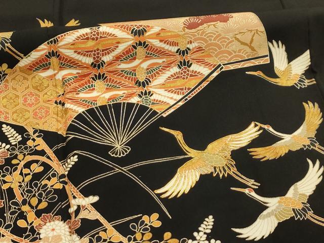 平和屋着物■豪華黒留袖 駒刺繍 扇面飛鶴花文 金彩 正絹 逸品 AABK5846sx