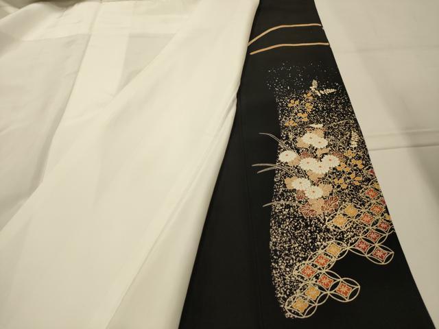 平和屋着物■豪華黒留袖 駒刺繍 扇面飛鶴花文 金彩 正絹 逸品 AABK5846sx