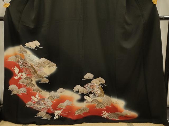 平和屋着物■豪華黒留袖 扇面花文 暈し染め 金彩 正絹 逸品 AABK5875sx