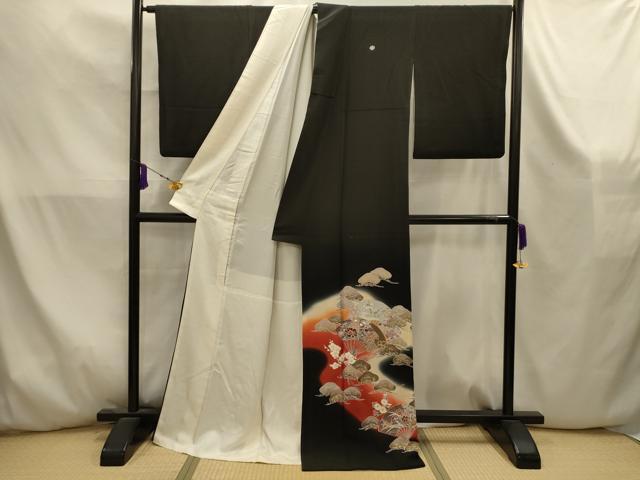 平和屋着物■豪華黒留袖 扇面花文 暈し染め 金彩 正絹 逸品 AABK5875sx