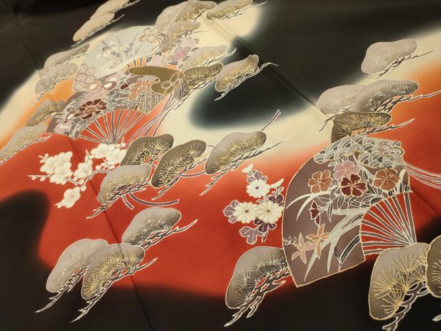 平和屋着物■豪華黒留袖 扇面花文 暈し染め 金彩 正絹 逸品 AABK5875sx