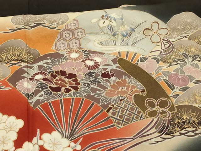 平和屋着物■豪華黒留袖 扇面花文 暈し染め 金彩 正絹 逸品 AABK5875sx