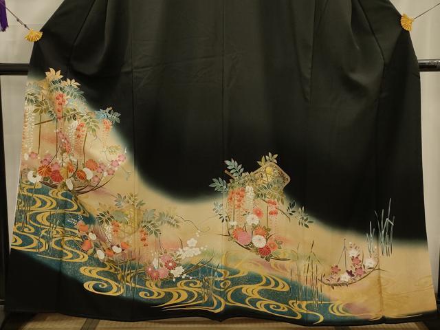 平和屋着物■豪華黒留袖 駒刺繍 流水笹舟花文 暈し染め 金彩 正絹 逸品 AABK5876sx